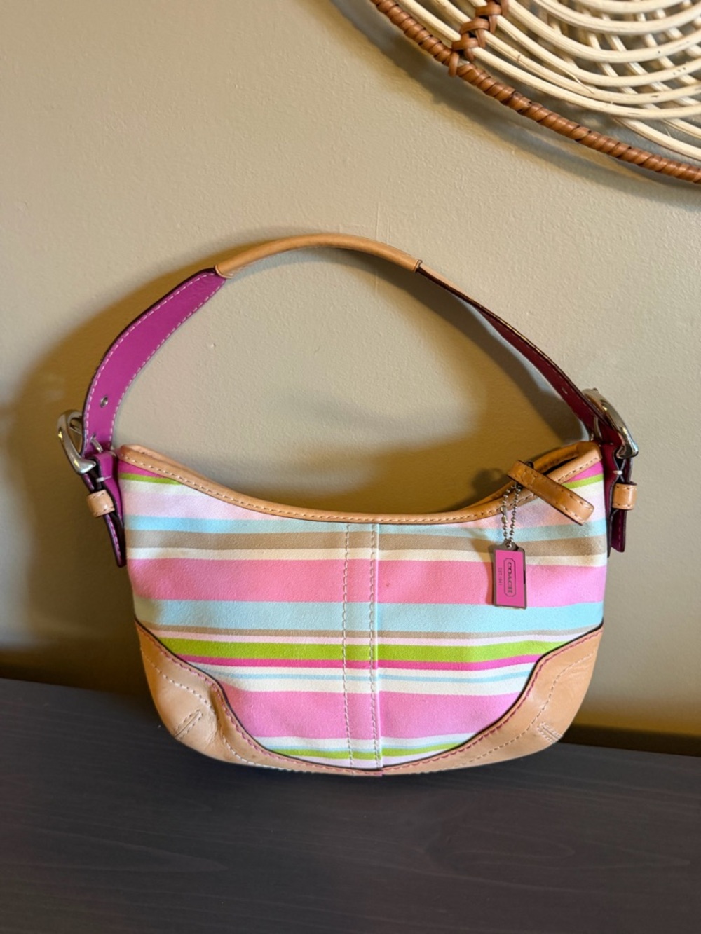 Coach Pink, Light Blue & Tan Striped Shoulder Bag - Picture 2 of 13